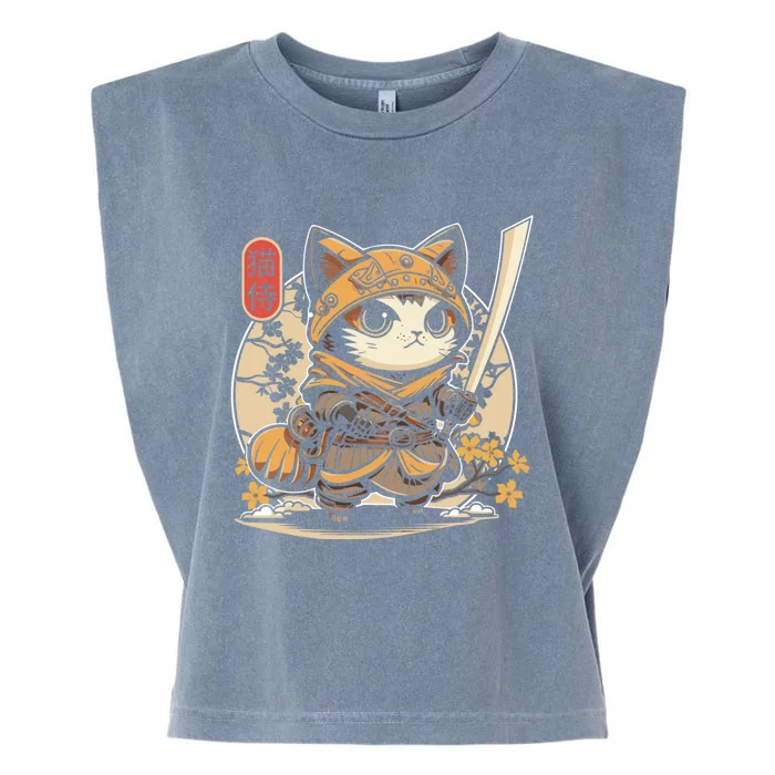 Japanese Samurai Cat Tattoo Kawaii Ninja Cat Garment-Dyed Women's Muscle Tee