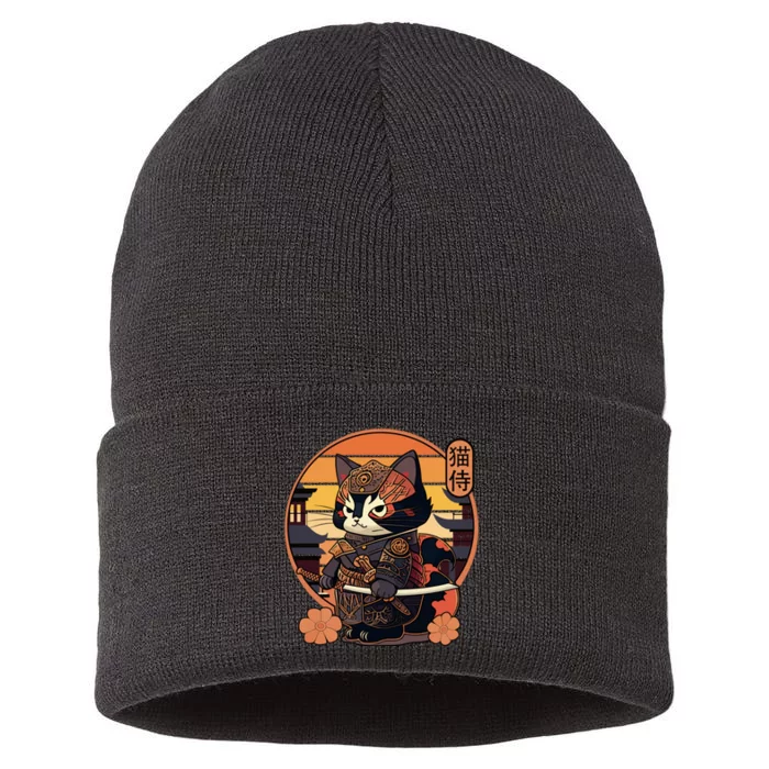 Japanese Samurai Cat Tattoo Kawaii Ninja Cat Sustainable Knit Beanie