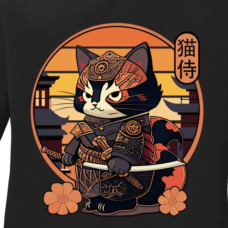 Japanese Samurai Cat Tattoo Kawaii Ninja Cat Ladies Long Sleeve Shirt