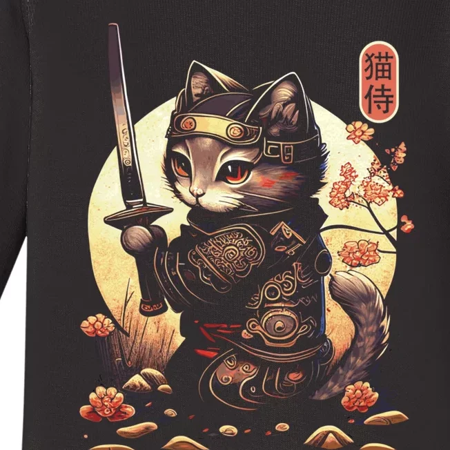 Japanese Samurai Cat Tattoo Kawaii Ninja Cat Baby Long Sleeve Bodysuit