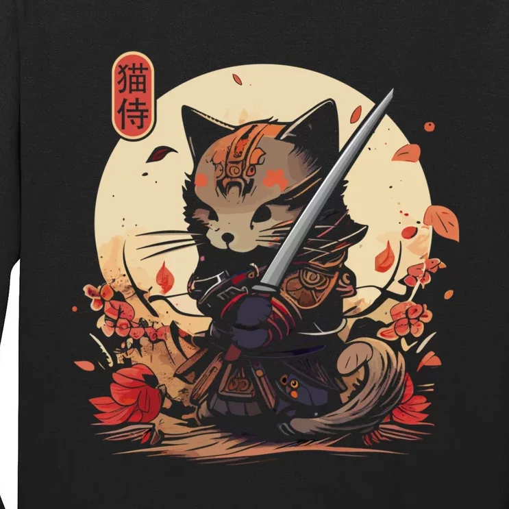 Japanese Samurai Cat Tattoo Kawaii Ninja Cat Tall Long Sleeve T-Shirt