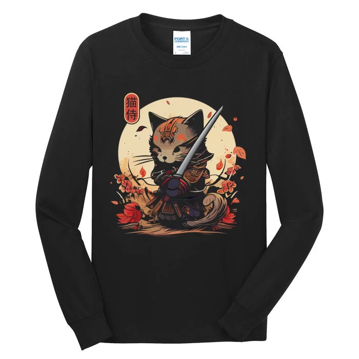 Japanese Samurai Cat Tattoo Kawaii Ninja Cat Tall Long Sleeve T-Shirt