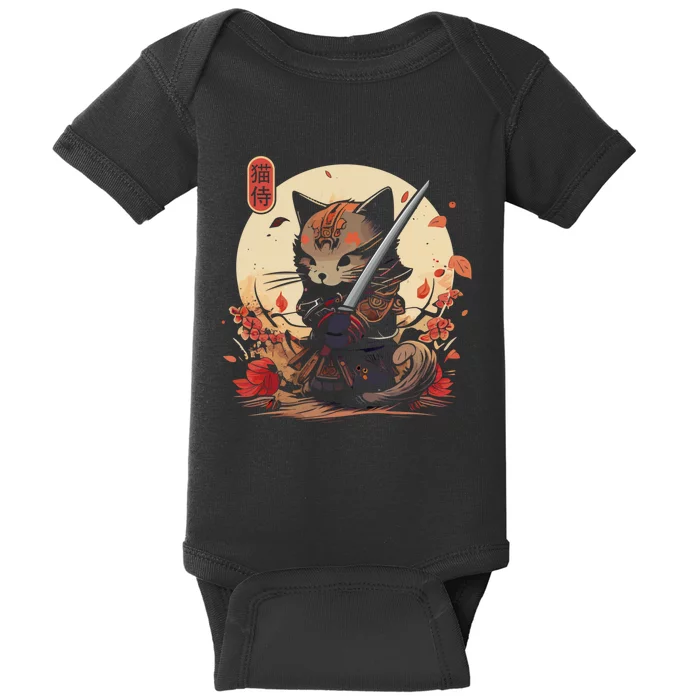 Japanese Samurai Cat Tattoo Kawaii Ninja Cat Baby Bodysuit