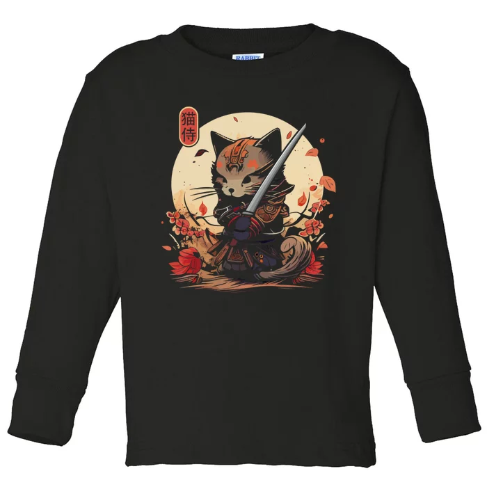 Japanese Samurai Cat Tattoo Kawaii Ninja Cat Toddler Long Sleeve Shirt