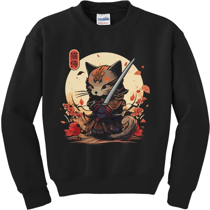 Japanese Samurai Cat Tattoo Kawaii Ninja Cat Kids Sweatshirt