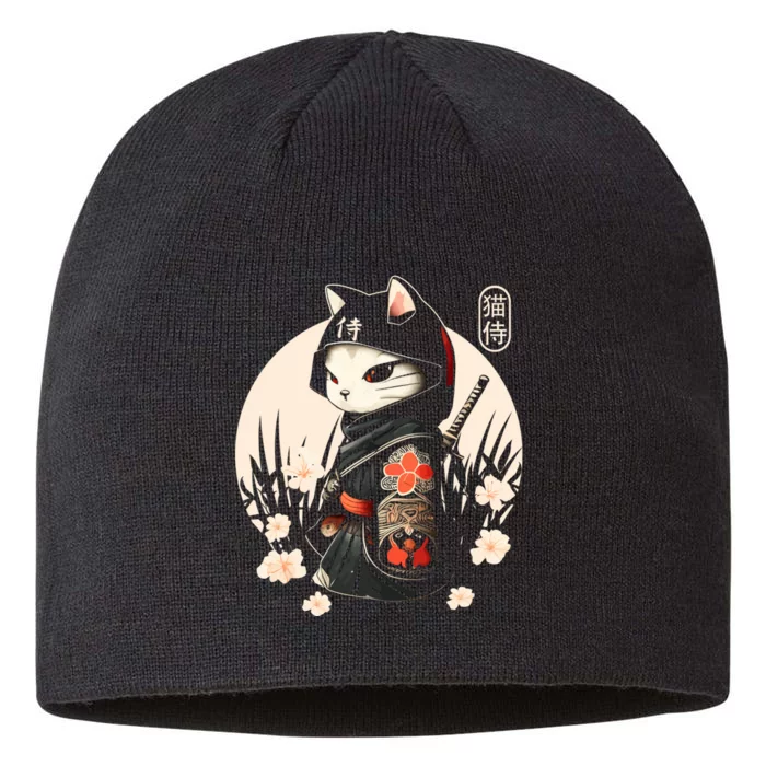 Japanese Samurai Cat Tattoo Kawaii Ninja Cat Ninja Kitten Warriors 8 1/2in Sustainable Knit Beanie