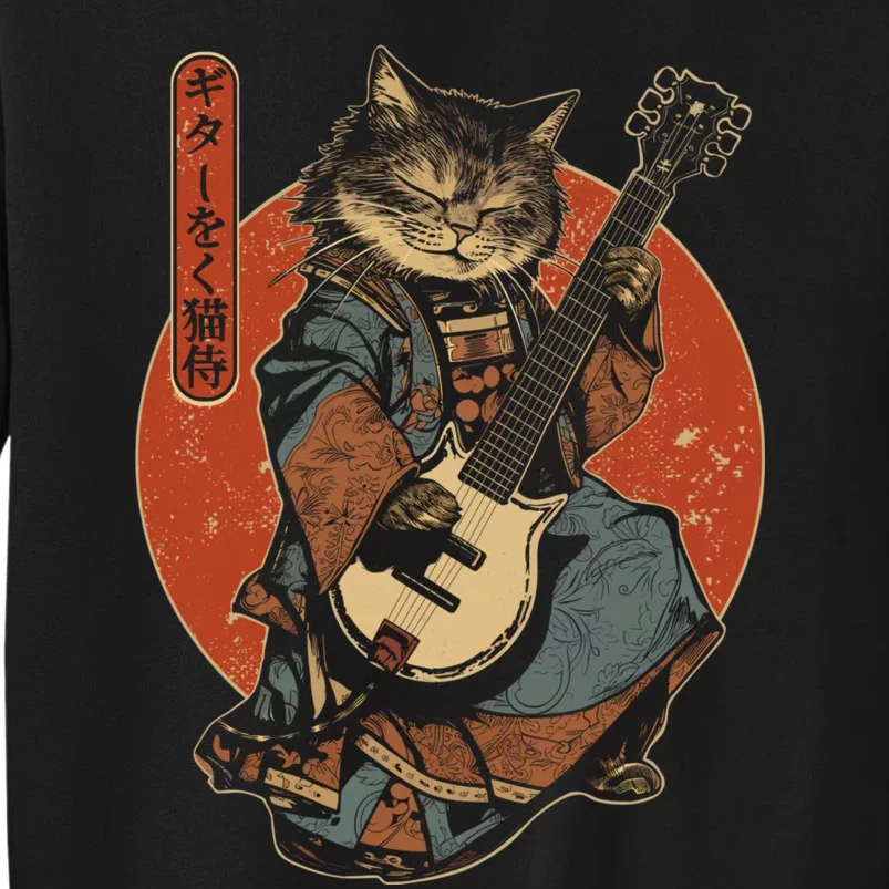 Japanese Samurai Cat Playing The Electric Guitar Japanese Samurai Guitar Players Sweatshirt