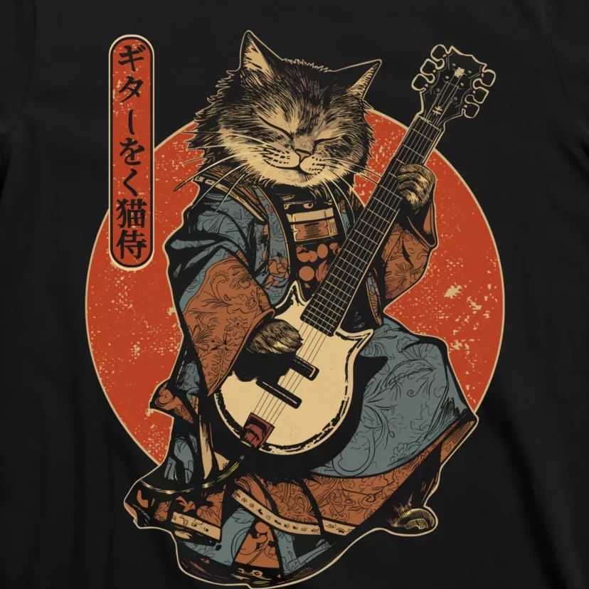 Japanese Samurai Cat Playing The Electric Guitar Japanese Samurai Guitar Players T-Shirt