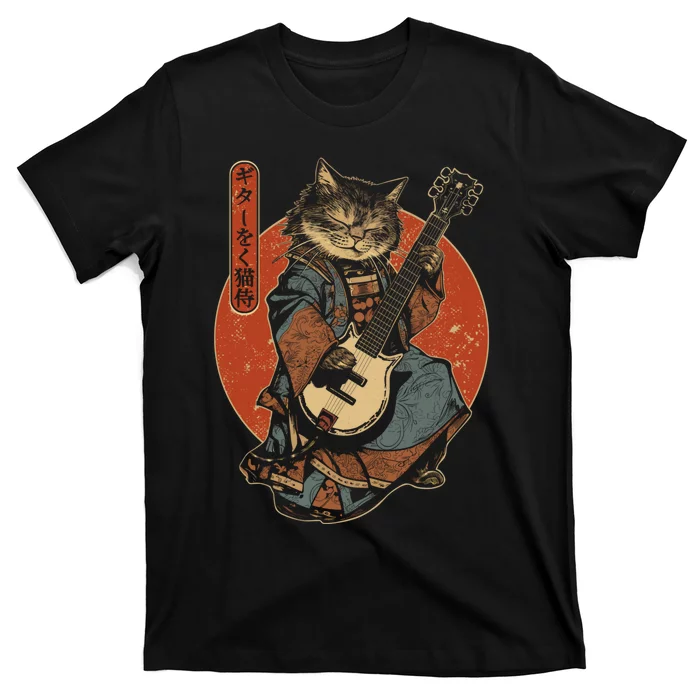 Japanese Samurai Cat Playing The Electric Guitar Japanese Samurai Guitar Players T-Shirt