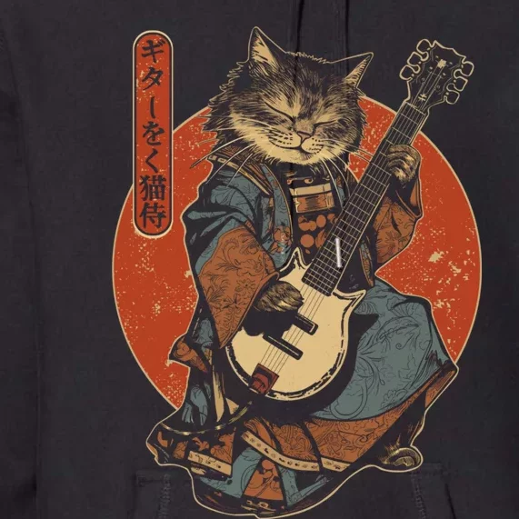 Japanese Samurai Cat Playing The Electric Guitar Japanese Samurai Guitar Players Premium Hoodie