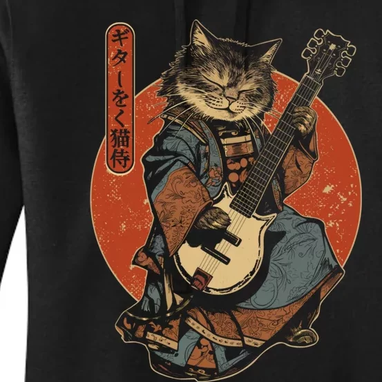 Japanese Samurai Cat Playing The Electric Guitar Japanese Samurai Guitar Players Women's Pullover Hoodie