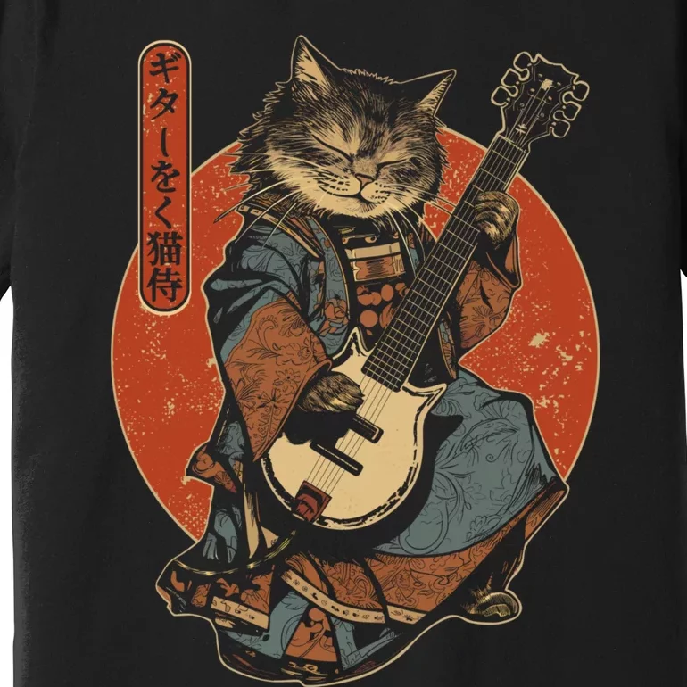 Japanese Samurai Cat Playing The Electric Guitar Japanese Samurai Guitar Players Premium T-Shirt