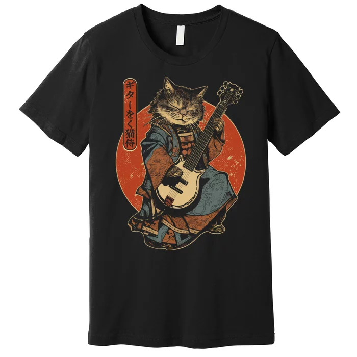 Japanese Samurai Cat Playing The Electric Guitar Japanese Samurai Guitar Players Premium T-Shirt