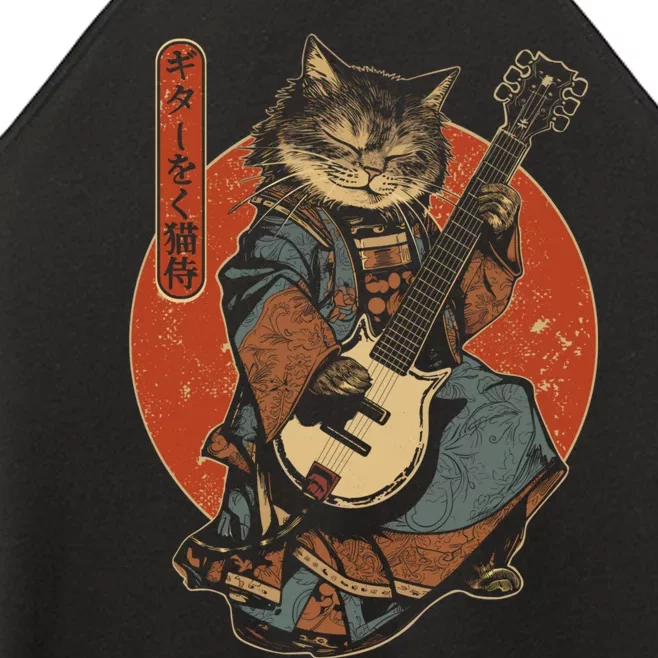 Japanese Samurai Cat Playing The Electric Guitar Japanese Samurai Guitar Players Women’s Perfect Tri Rocker Tank