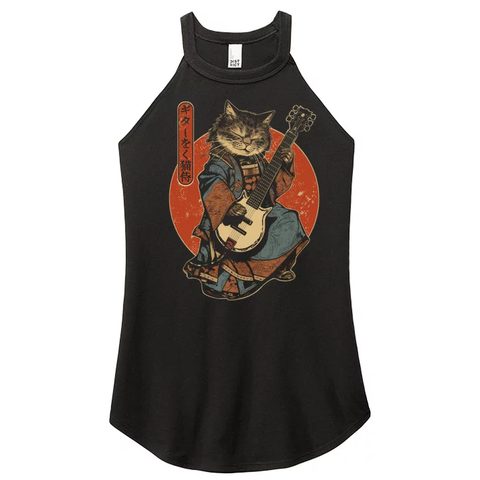 Japanese Samurai Cat Playing The Electric Guitar Japanese Samurai Guitar Players Women’s Perfect Tri Rocker Tank