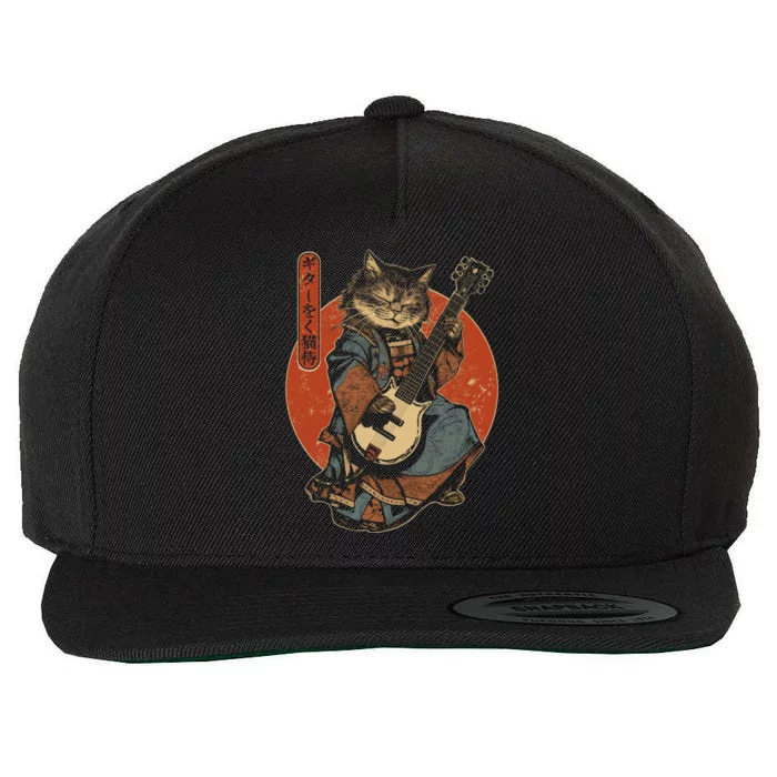 Japanese Samurai Cat Playing The Electric Guitar Japanese Samurai Guitar Players Wool Snapback Cap