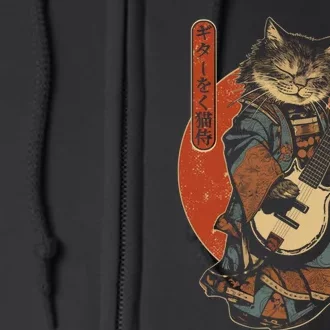 Japanese Samurai Cat Playing The Electric Guitar Japanese Samurai Guitar Players Full Zip Hoodie