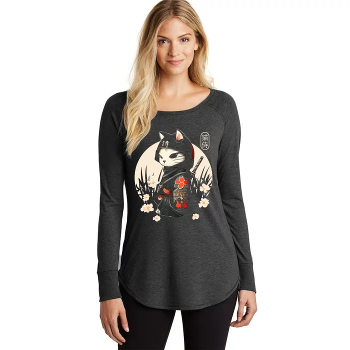 Japanese Samurai Cat Tattoo Kawaii Ninja Cat Women's Perfect Tri Tunic Long Sleeve Shirt