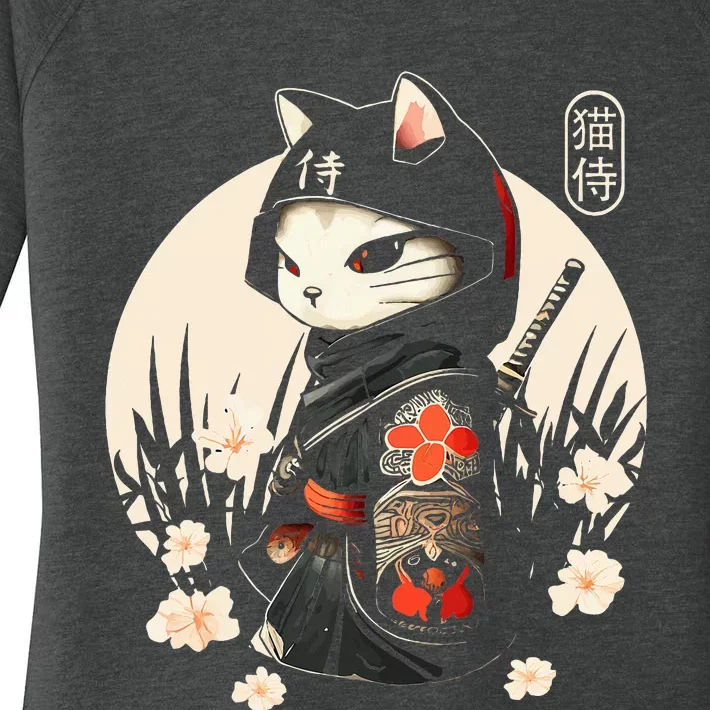 Japanese Samurai Cat Tattoo Kawaii Ninja Cat Women's Perfect Tri Tunic Long Sleeve Shirt