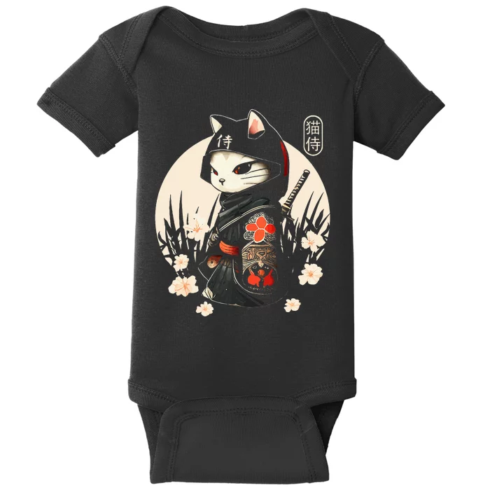 Japanese Samurai Cat Tattoo Kawaii Ninja Cat Baby Bodysuit