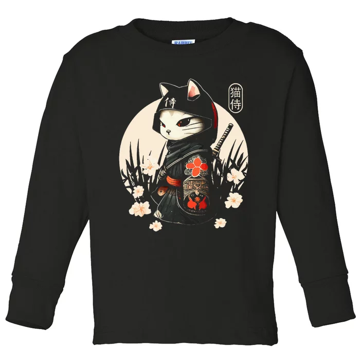 Japanese Samurai Cat Tattoo Kawaii Ninja Cat Toddler Long Sleeve Shirt