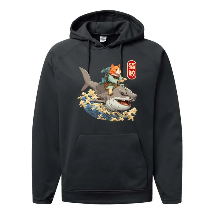 Japanese Samurai Cat Shark Ninja Cat Tattoo Kitten Performance Fleece Hoodie