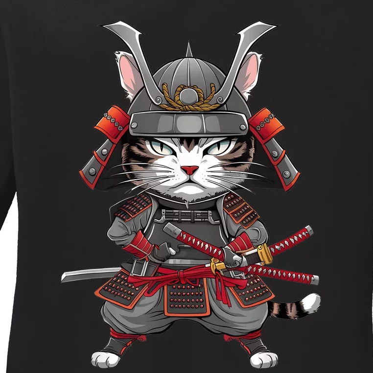 Japanese Samurai Cat Funny Parody Japanese Anime Ladies Long Sleeve Shirt