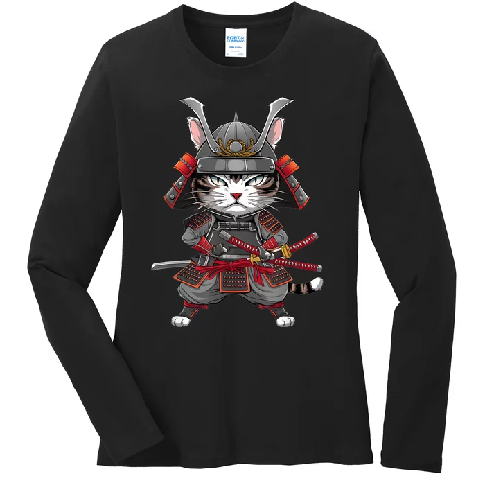 Japanese Samurai Cat Funny Parody Japanese Anime Ladies Long Sleeve Shirt