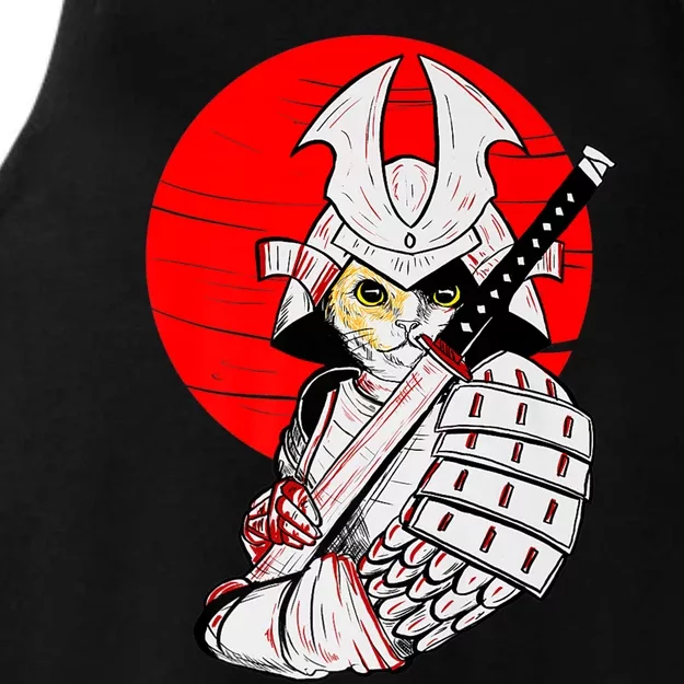 Japanese Samurai Cat Katana Japanese Bobtail Cat Anime Ladies Tri-Blend Wicking Tank