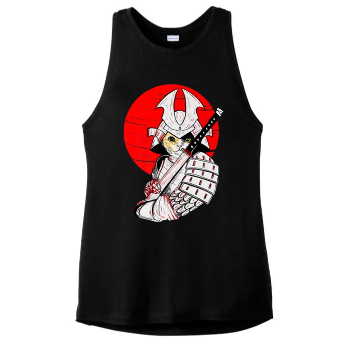 Japanese Samurai Cat Katana Japanese Bobtail Cat Anime Ladies Tri-Blend Wicking Tank