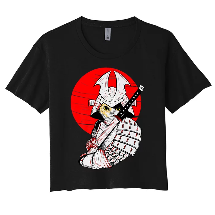 Japanese Samurai Cat Katana Japanese Bobtail Cat Anime Women's Crop Top Tee