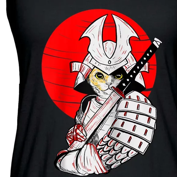 Japanese Samurai Cat Katana Japanese Bobtail Cat Anime Raglan Ladies Essential Flowy Tank