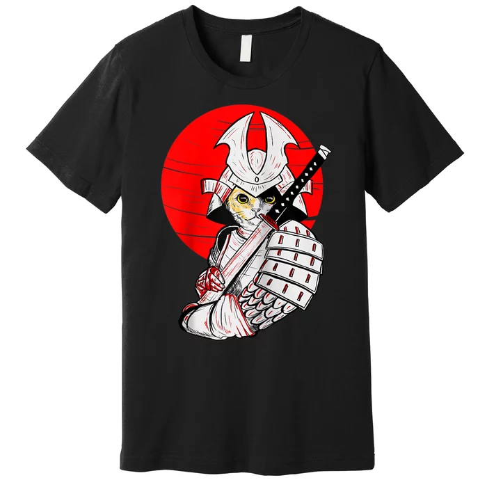 Japanese Samurai Cat Katana Japanese Bobtail Cat Anime Raglan Premium T-Shirt