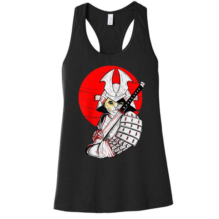 Japanese Samurai Cat Katana Japanese Bobtail Cat Anime Raglan Women's Racerback Tank