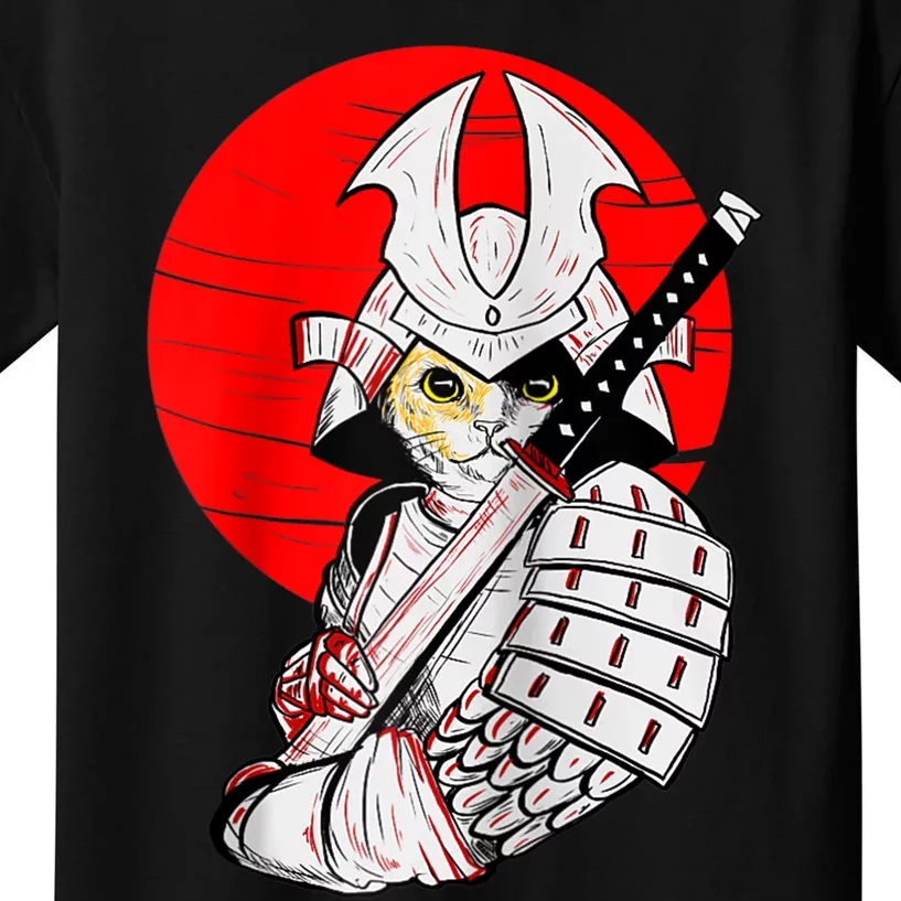 Japanese Samurai Cat Katana Japanese Bobtail Cat Anime Raglan Kids T-Shirt