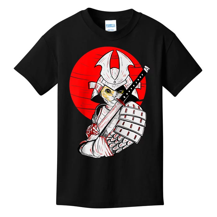 Japanese Samurai Cat Katana Japanese Bobtail Cat Anime Raglan Kids T-Shirt