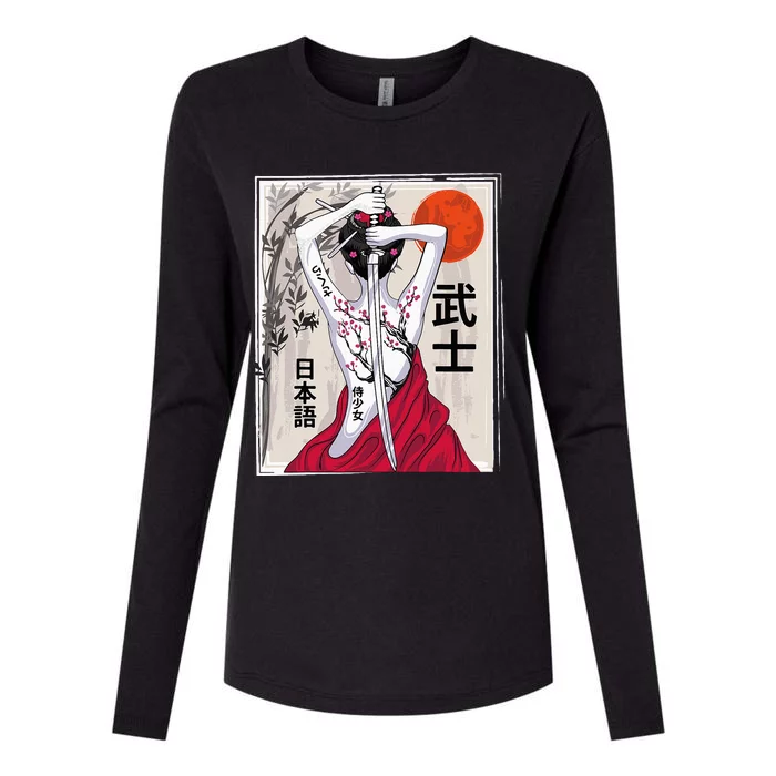 Japanese Samurai Culture Scenery Vintage Sakura Cherry Womens Cotton Relaxed Long Sleeve T-Shirt