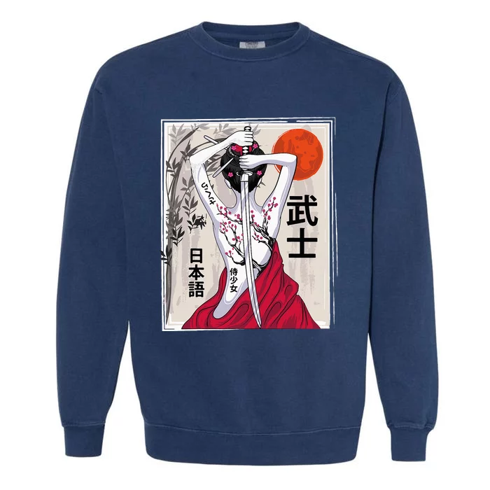 Japanese Samurai Culture Scenery Vintage Sakura Cherry Garment-Dyed Sweatshirt