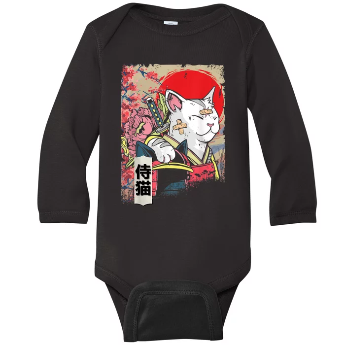 Japanese Samurai Cat Warrior Japan Ninja Kitten Baby Long Sleeve Bodysuit