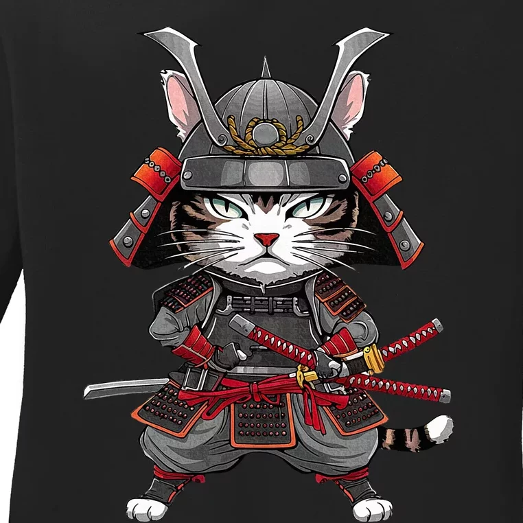 Japanese Samurai Cat Funny Parody Japanese Ladies Long Sleeve Shirt