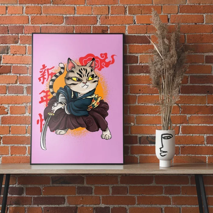 Poster Anime de Gato Samurai do Estilo Japonês Kawaii