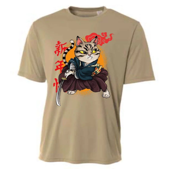 Japanese Samurai Cat Tattoo Kawaii Ninja Cat Cooling Performance Crew T-Shirt