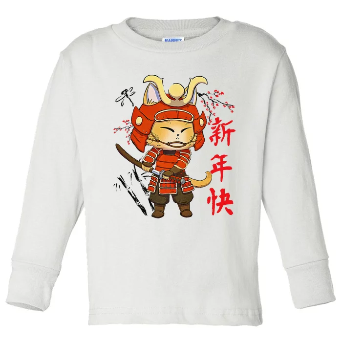 Japanese Samurai Cat Tattoo Kawaii Ninja Cat Toddler Long Sleeve Shirt