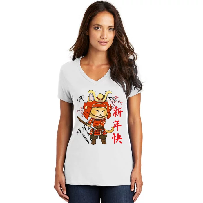 Japanese Samurai Cat Tattoo Kawaii Ninja Cat Women's V-Neck T-Shirt