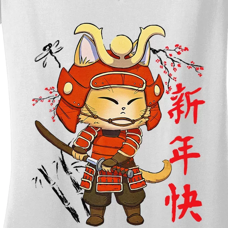 Japanese Samurai Cat Tattoo Kawaii Ninja Cat Women's V-Neck T-Shirt