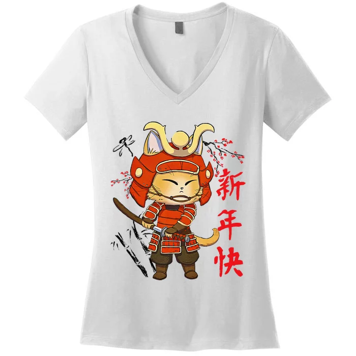 Japanese Samurai Cat Tattoo Kawaii Ninja Cat Women's V-Neck T-Shirt