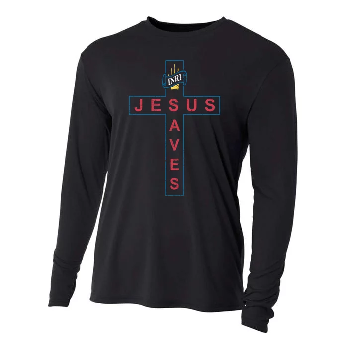 Jesus Saves Christian Slogan Cross Cooling Performance Long Sleeve Crew