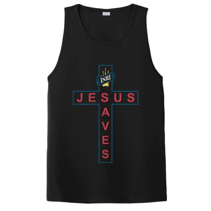 Jesus Saves Christian Slogan Cross Performance Tank