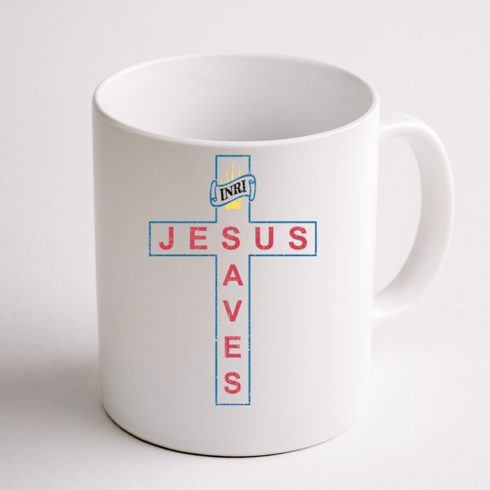 Jesus Saves Christian Slogan Cross Front & Back Coffee Mug