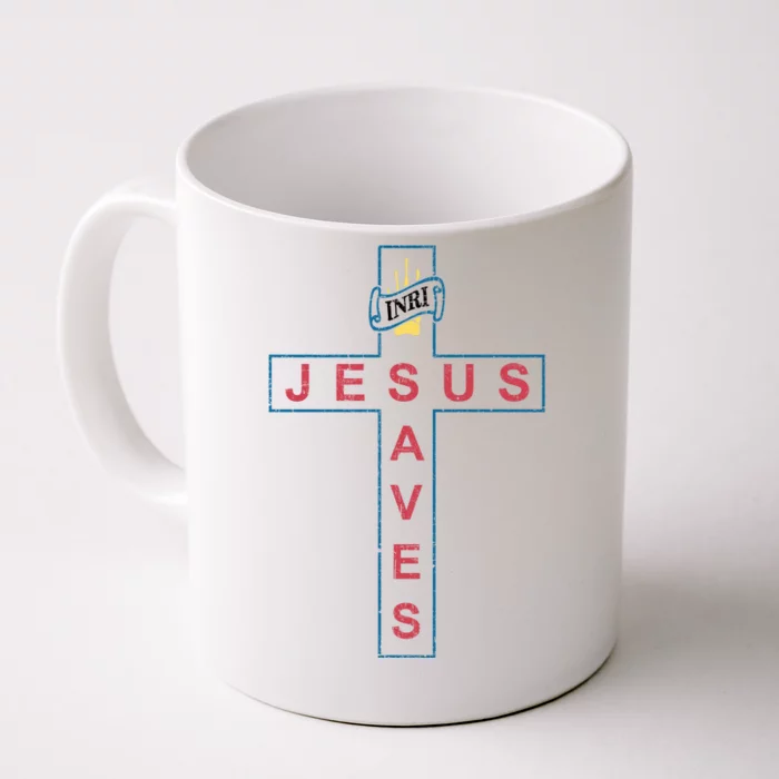 Jesus Saves Christian Slogan Cross Front & Back Coffee Mug